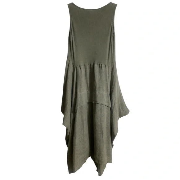 INIZIO 100% Linen Green Tiered Midi Tank Dress Sleeveless Stretch Women’s Medium - Picture 11 of 16